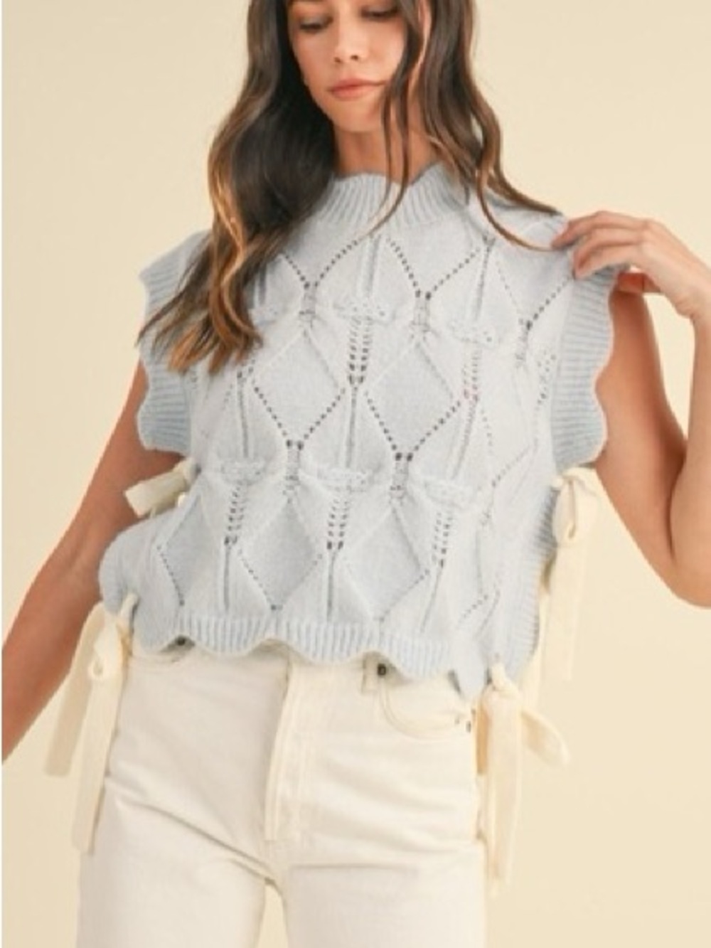 MABLE Pale Blue Openwork Knit Tie-Side Sweater Vest with Cream Ties small